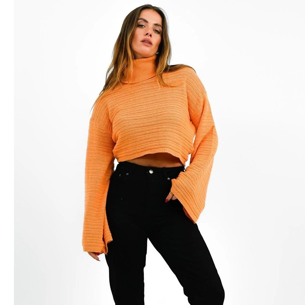 NAKD Cropped Turtleneck Sweater Cotton Wool Knit Bell Sleeve Fall Cozy Velma M